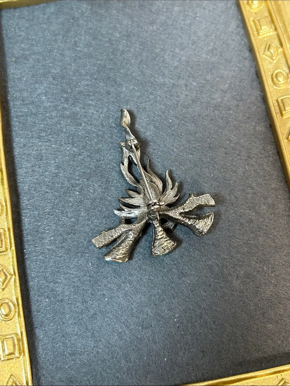 Vintage Handcrafted Silver Flame Brooch with Turquoise and Red Enamel